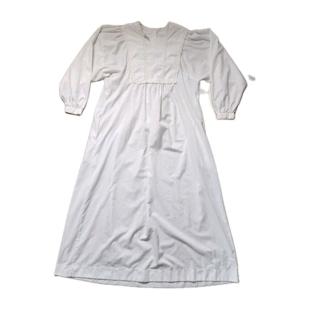 Vintage 70s Le Voy’s Prairie Maxi Dress White Modest High Waist Pockets Sz L EUC